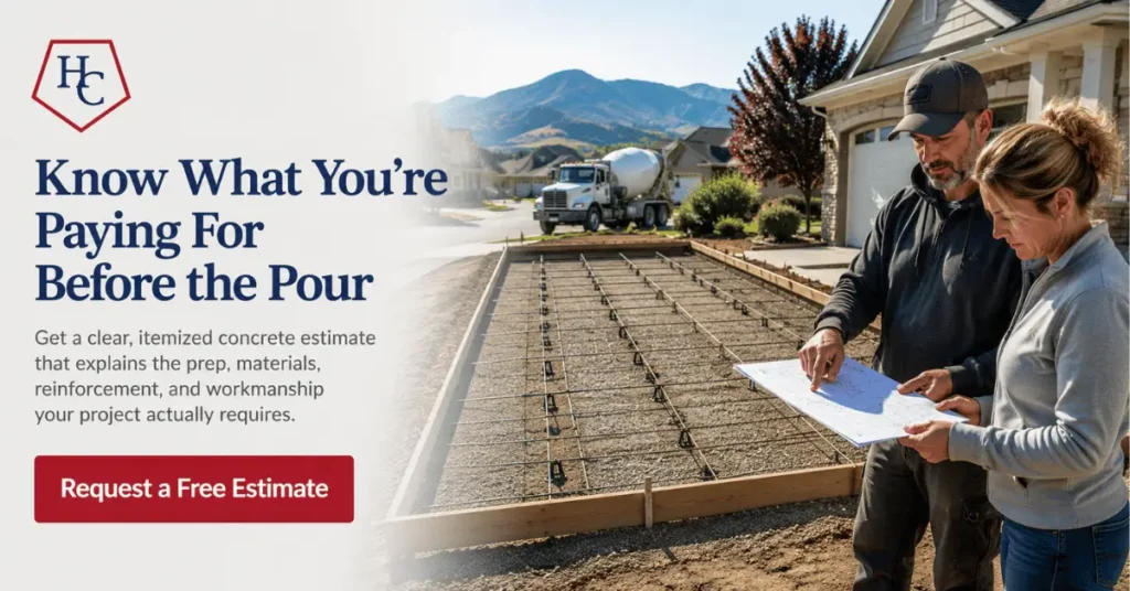 Homeowners reviewing an itemized concrete estimate next to a rebar-reinforced driveway prep with a concrete mixer truck in the background