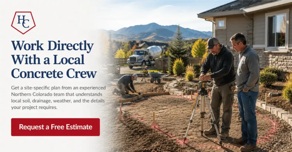 Two men reviewing a site plan with surveying equipment for a concrete patio layout, with a mixer truck and worker prepping the area behind them