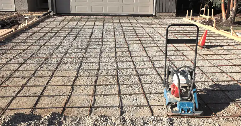 Rebar grid reinforcement and gravel base prepped for a concrete driveway pour, with a plate compactor on site