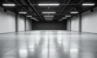 Large polished concrete floor in an open commercial space with overhead lighting and a clean industrial look.