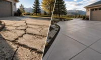 Side-by-side view of a cracked concrete driveway and a smooth replacement driveway at a Colorado home with mountain views.