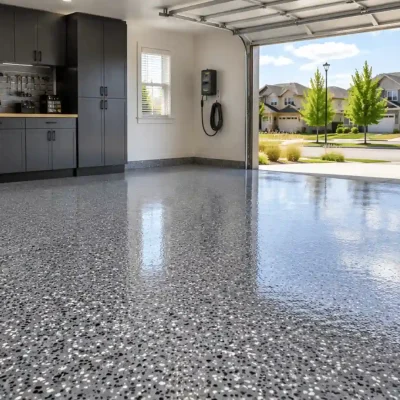 Finished epoxy garage floor with gray flake coating, glossy surface, storage cabinets, and open garage door in a Colorado neighborhood.