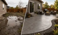 Before-and-after backyard patio showing a muddy drainage problem transformed into a finished concrete outdoor living space in Fort Collins.