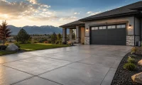 Newly completed residential concrete driveway in Northern Colorado featuring proper joint spacing, smooth finishing, and mountain views that demonstrate quality concrete craftsmanship.