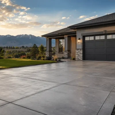 Newly completed residential concrete driveway in Northern Colorado featuring proper joint spacing, smooth finishing, and mountain views that demonstrate quality concrete craftsmanship.